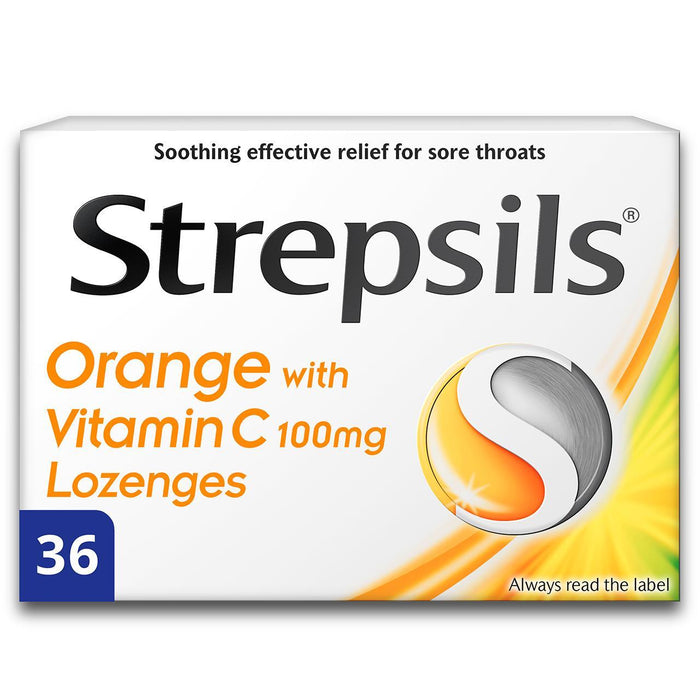 Strepsils Orange und Vitamin C -Lutschen für Halsschmerzen 36 pro Pack